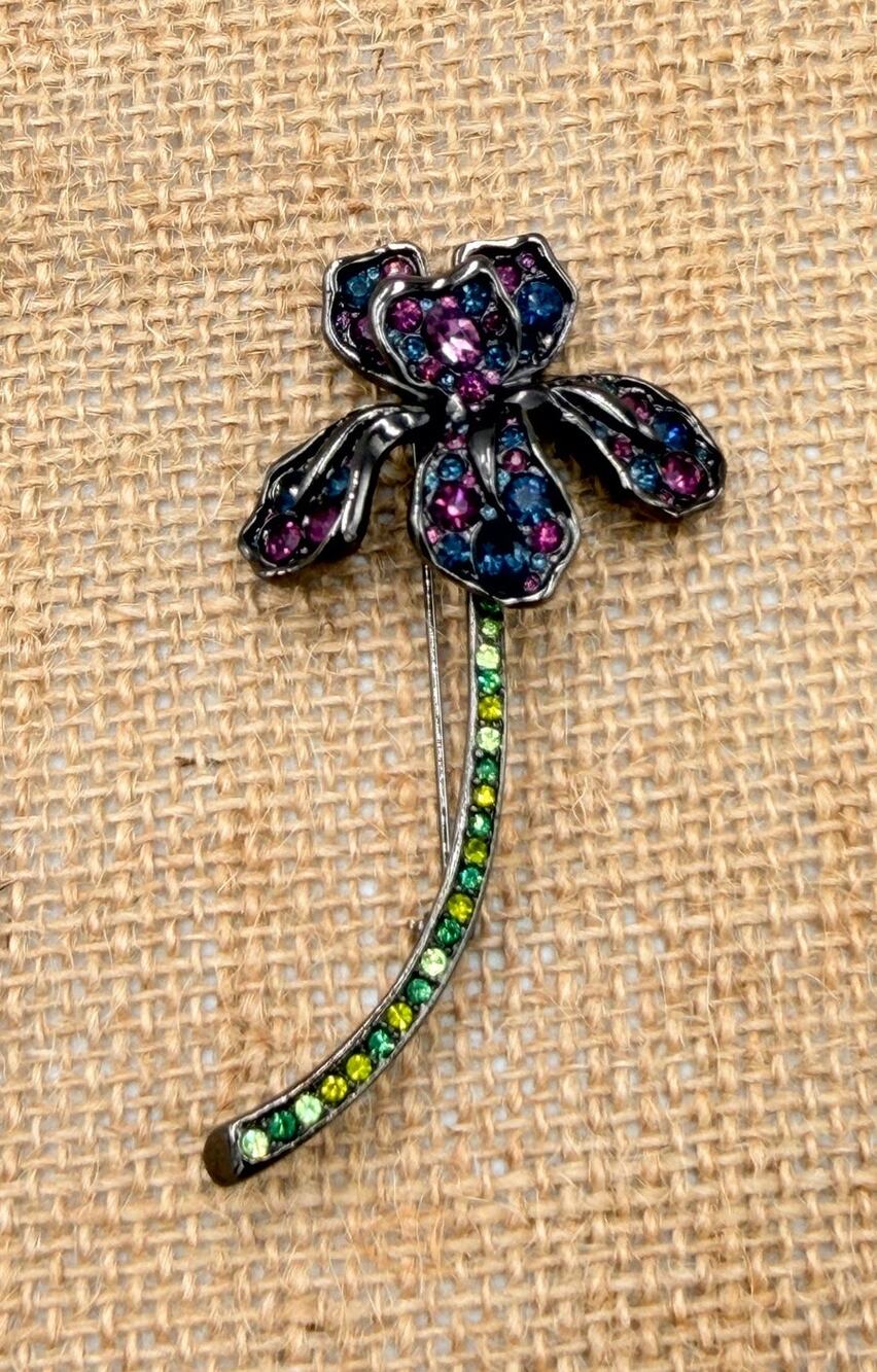 Kenneth Lane Giant Gunmetal Rhinestone Jewels Long Stem Iris Flower Pin Brooch
